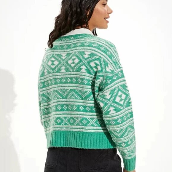 American Eagle Fairisle Snowdrift Long Sleeve Crewneck Sweater Green Size L NWT - Picture 2 of 9
